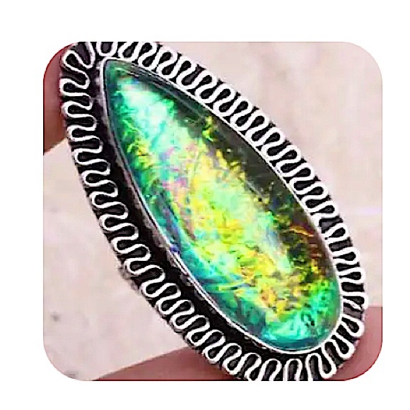 Triplet opal created ring sterling silver plated size 9 huge - Picture 3 of 4